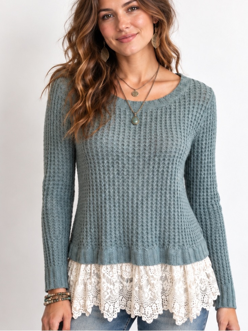 Knox Rose Teal Lace Hem Waffle Knit Sweater Medium Boho Cottagecore